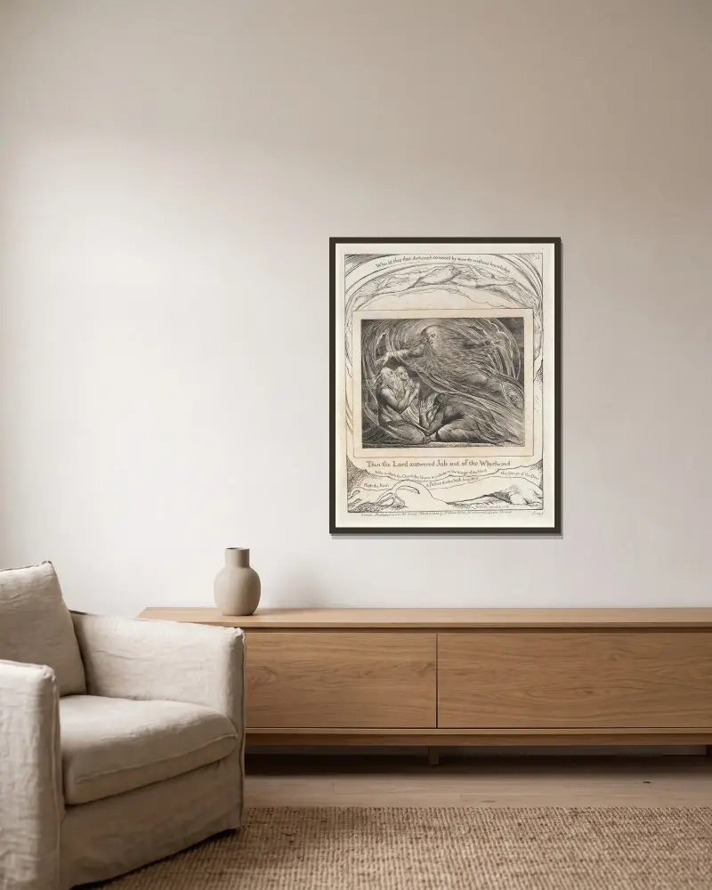Illustrationen zum Buch Hiob, Tafel 14 von William Blake gerahmt an einer Wand
