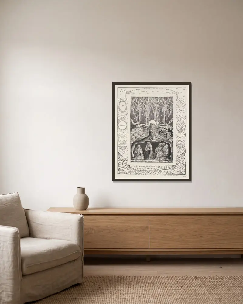 Illustrationer till Jobs bok, plansch 15 av William Blake inramad på en vägg