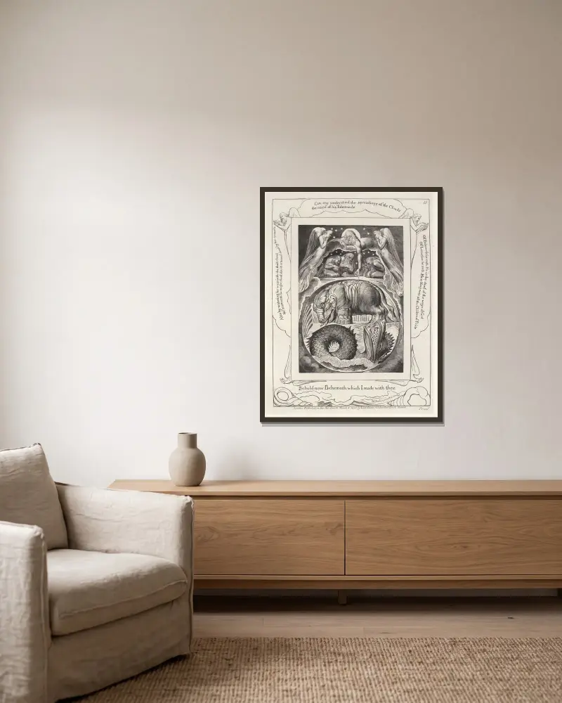 Illustrationer till Jobs bok, plansch 16 av William Blake inramad på en vägg