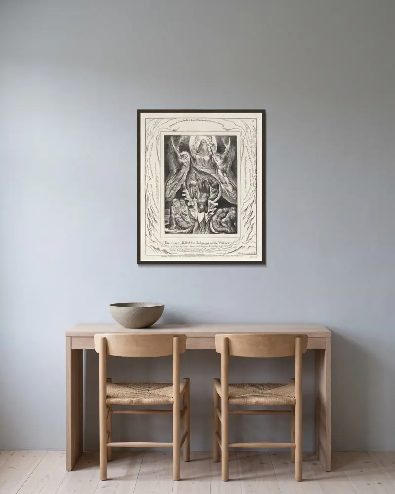 Illustrationer till Jobs bok, plansch 17 av William Blake inramad på en vägg