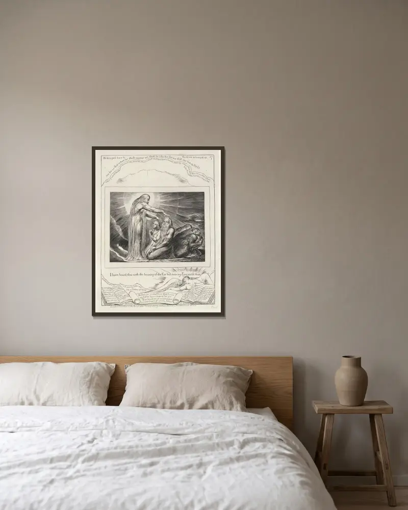 Illustrationer till Jobs bok, plansch 18 av William Blake inramad på en vägg