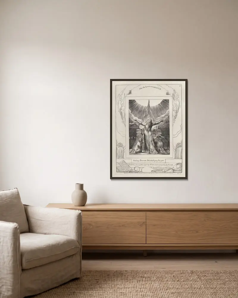 Illustrationer till Jobs bok, plansch 19 av William Blake inramad på en vägg