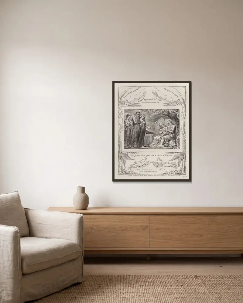Illustrationer till Jobs bok, plansch 20 av William Blake inramad på en vägg