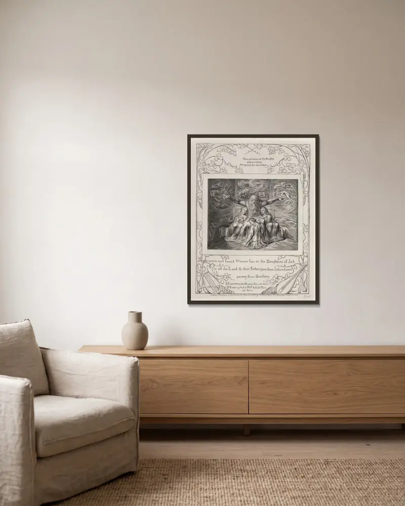 Illustrationen zum Buch Hiob, Taf. 21 von William Blake gerahmt an einer Wand