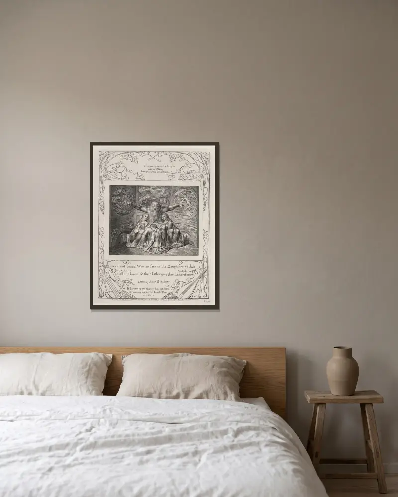 Illustrationen zum Buch Hiob, Taf. 21 von William Blake gerahmt an einer Wand