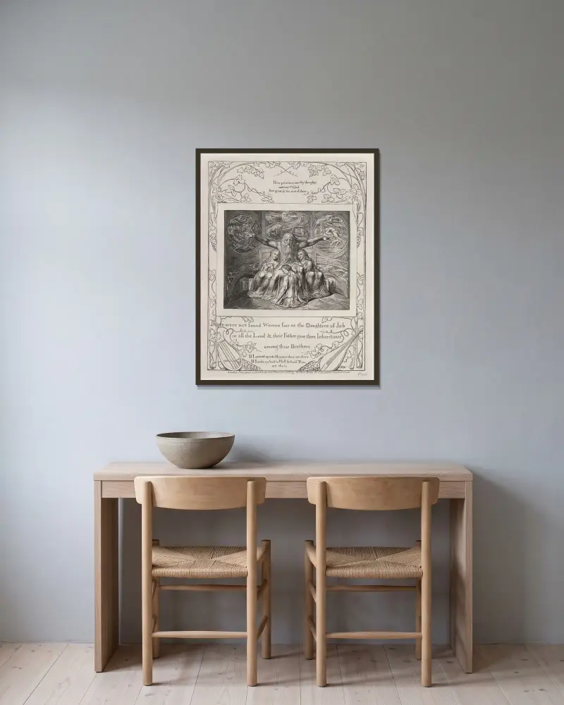 Illustrationen zum Buch Hiob, Taf. 21 von William Blake gerahmt an einer Wand