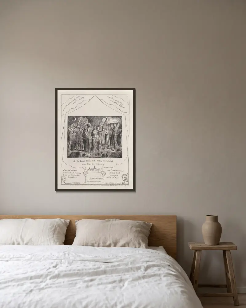 Illustrationer till Jobs bok, plansch 22 av William Blake inramad på en vägg