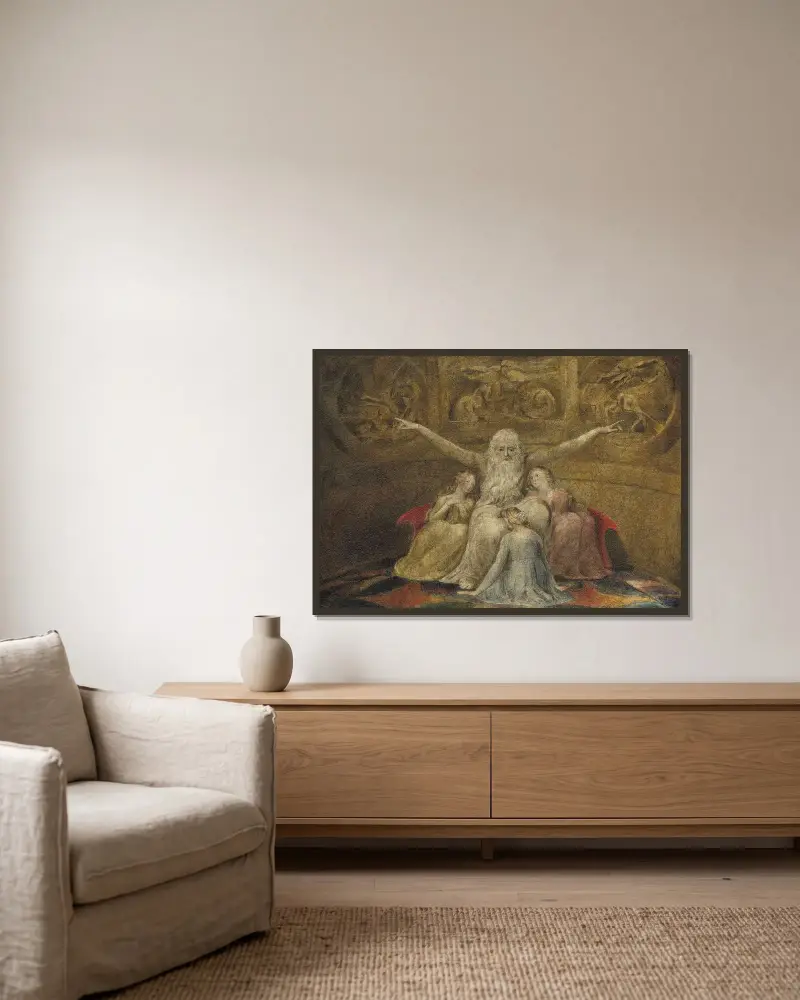 Job and His Daughters av William Blake inramad på en vägg