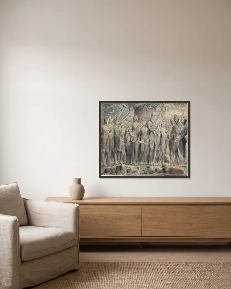 Job and His Family Restored to Prosperity av William Blake inramad på en vägg