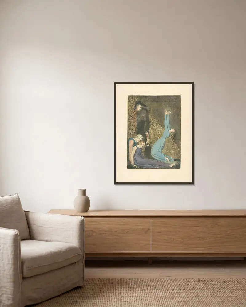 Man som stöder liggande kvinna, åldrad man med klocka och kvinna i blå klänning med uppsträckta armar i bön av William Blake inramad på en vägg