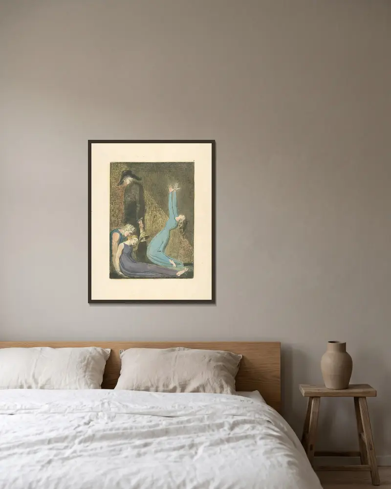 Man som stöder liggande kvinna, åldrad man med klocka och kvinna i blå klänning med uppsträckta armar i bön av William Blake inramad på en vägg