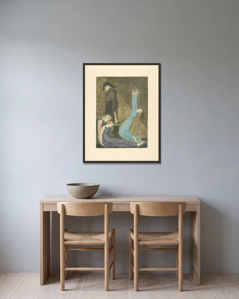 Man som stöder liggande kvinna, åldrad man med klocka och kvinna i blå klänning med uppsträckta armar i bön av William Blake inramad på en vägg