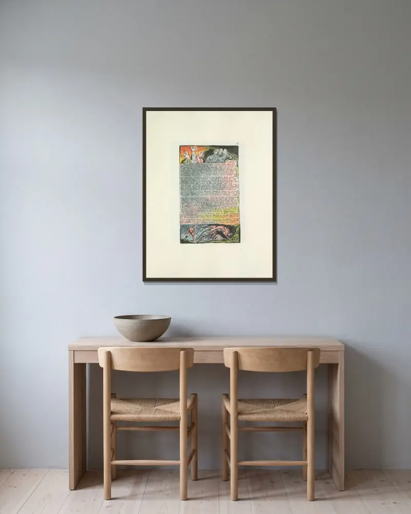 Milton, en dikt i 2 böcker, pl. 16 av William Blake inramad på en vägg
