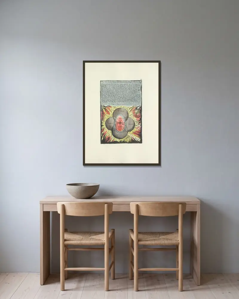 Milton, en dikt i 2 böcker, pl. 32 av William Blake inramad på en vägg