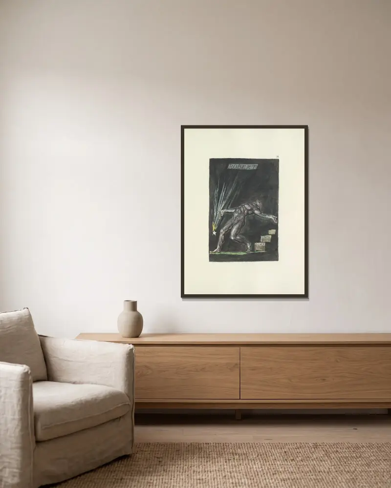 Milton, en dikt i 2 böcker, plansch 33 av William Blake inramad på en vägg