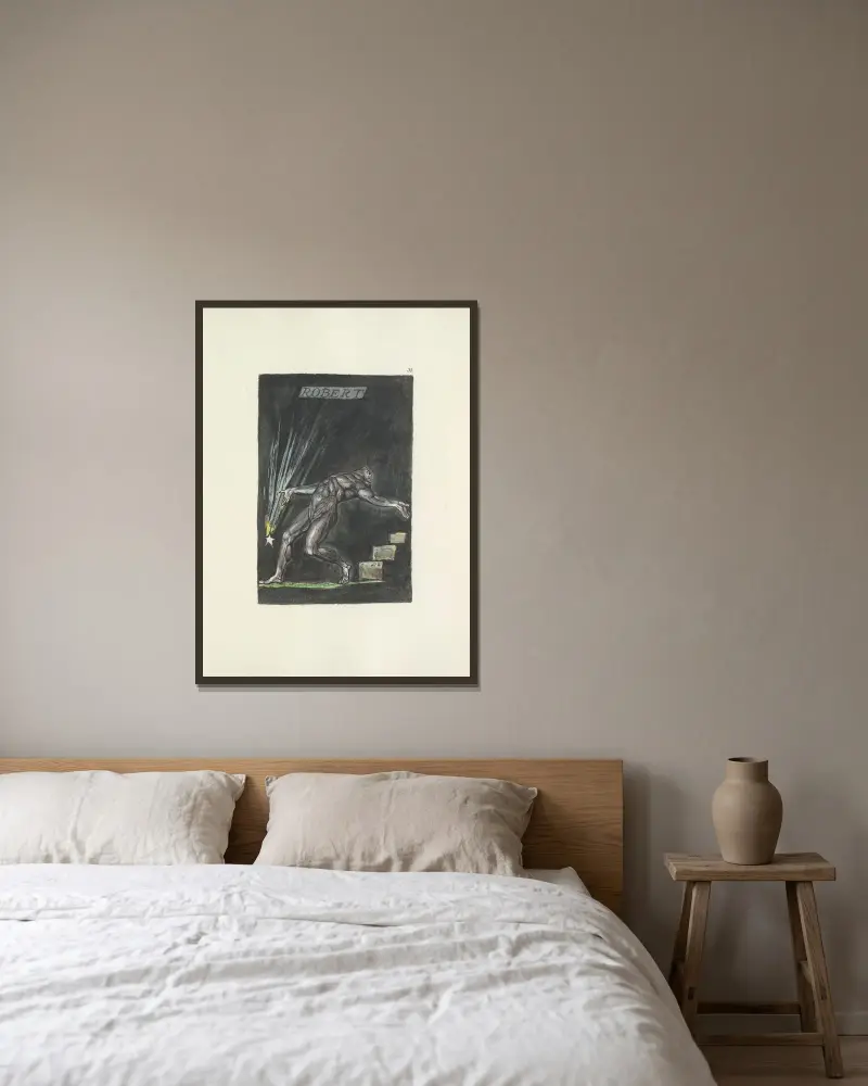 Milton, en dikt i 2 böcker, plansch 33 av William Blake inramad på en vägg