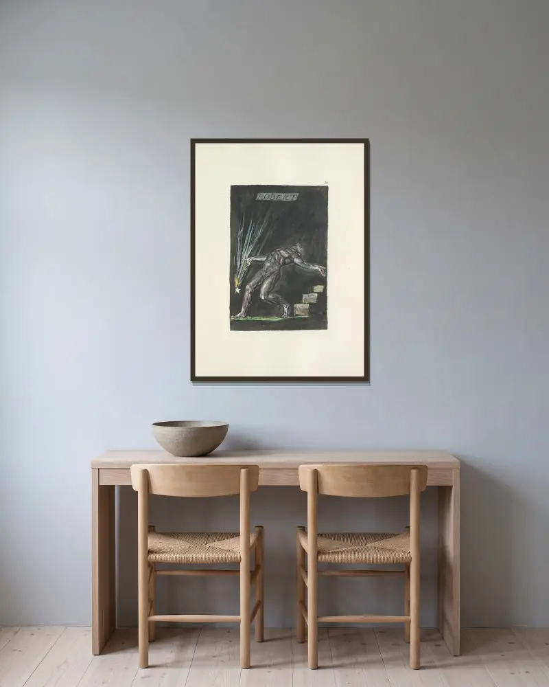 Milton, en dikt i 2 böcker, plansch 33 av William Blake inramad på en vägg