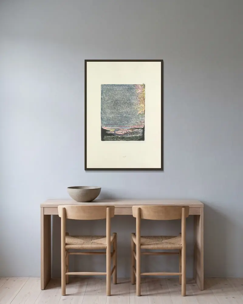 Milton, en dikt i 2 böcker, pl. 44 av William Blake inramad på en vägg