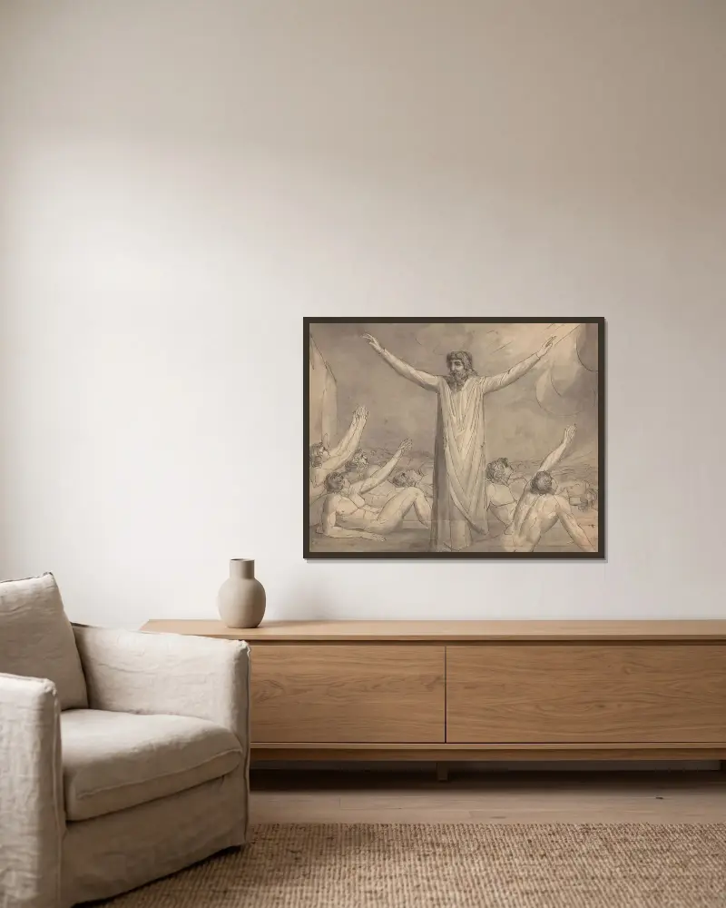 Moses hemmt die Pest von William Blake gerahmt an einer Wand