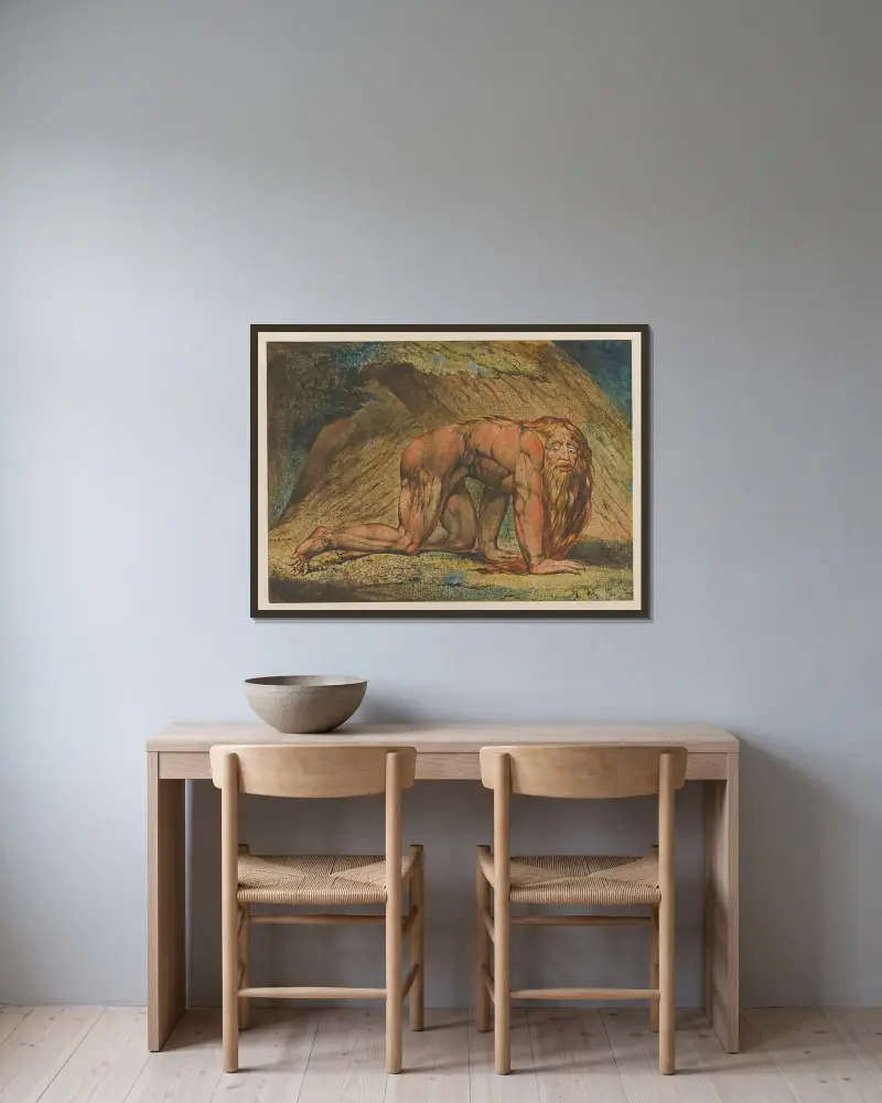 Nebuchadnezzar, 1795 – nr 1 av William Blake inramad på en vägg