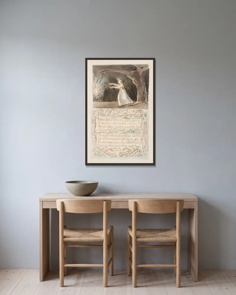 Pl. 12 – The Little Boy Lost av William Blake inramad på en vägg
