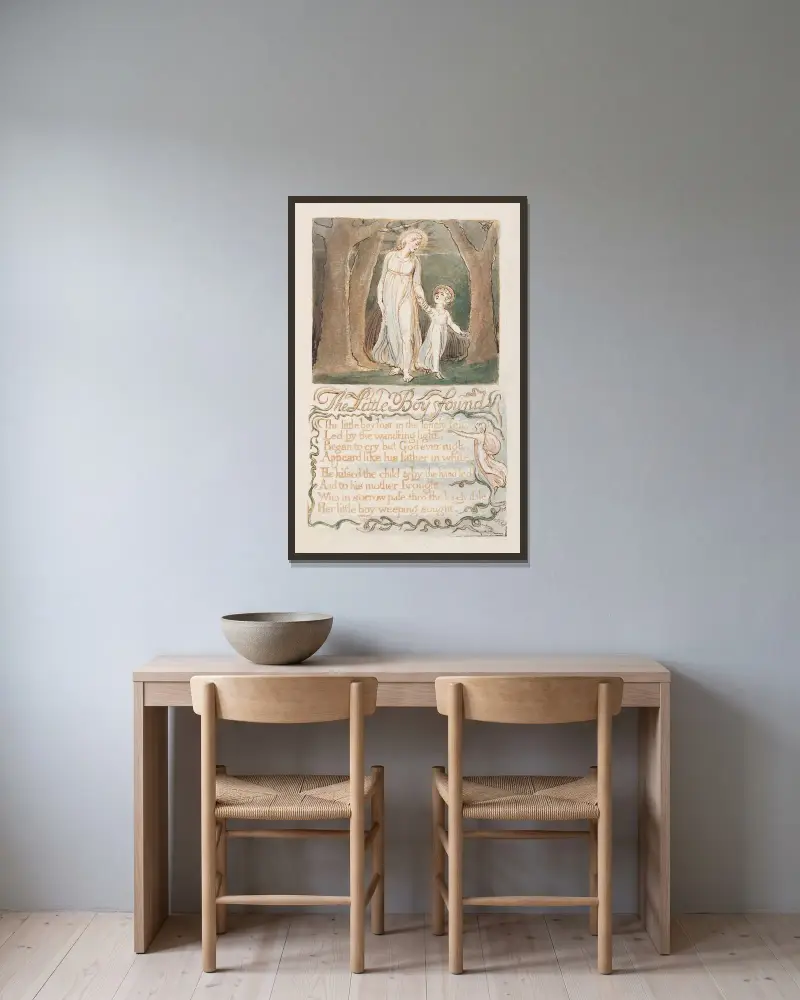 Pl. 13 – Der kleine Junge, der wiedergefunden wurde von William Blake gerahmt an einer Wand