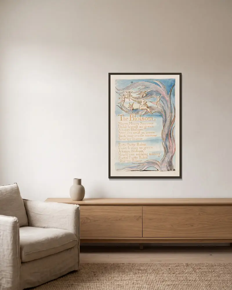 Pl. 17 – The Blossom av William Blake inramad på en vägg