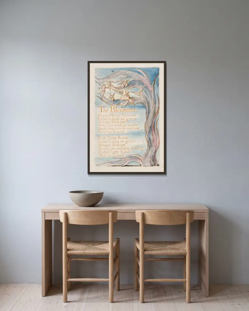 Pl. 17 – The Blossom av William Blake inramad på en vägg