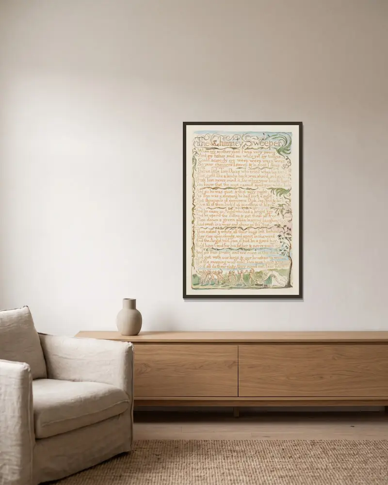 Pl. 23 – Der Schornsteinfegerjunge von William Blake gerahmt an einer Wand