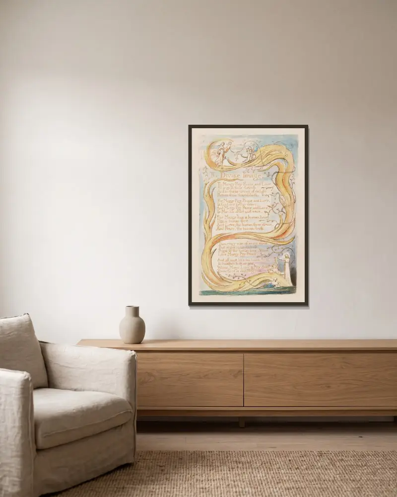 Pl. 9 – Das göttliche Bild von William Blake gerahmt an einer Wand
