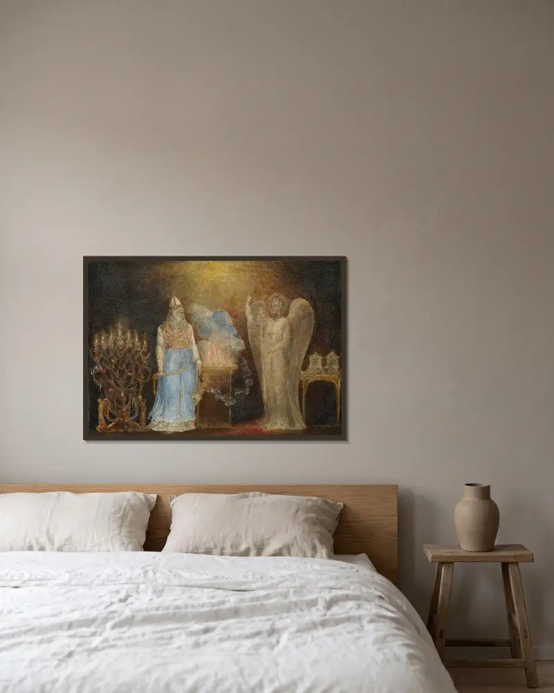 The Angel Appearing to Zacharias av William Blake inramad på en vägg