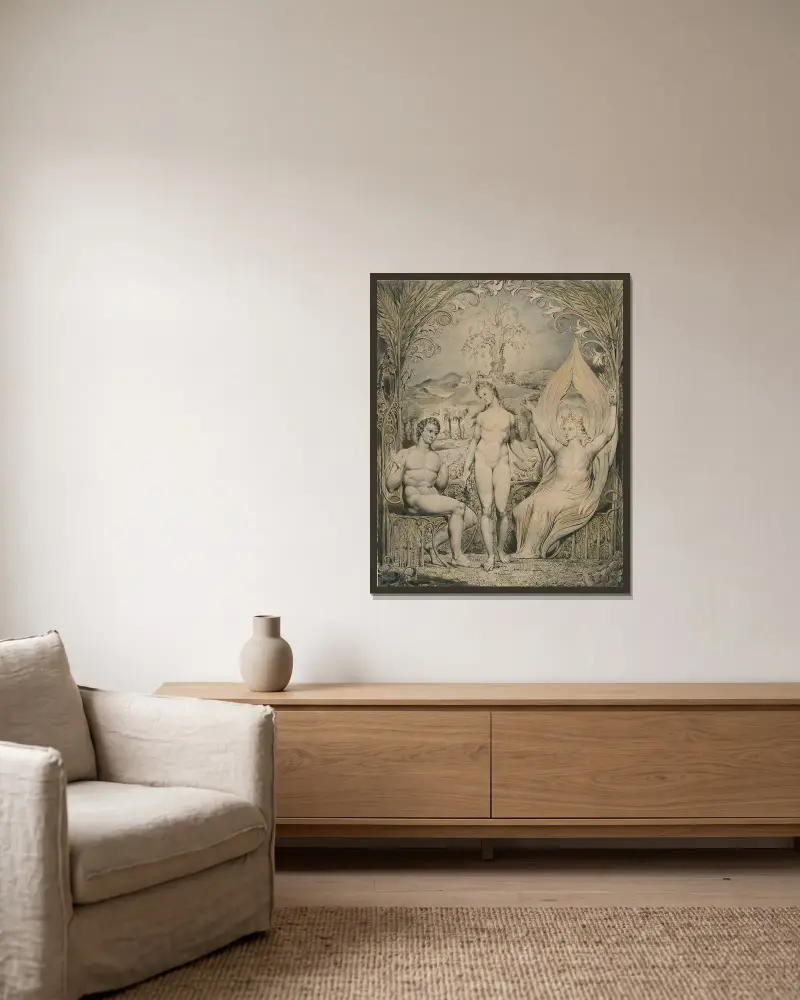 Ärkeängeln Rafael med Adam och Eva av William Blake inramad på en vägg
