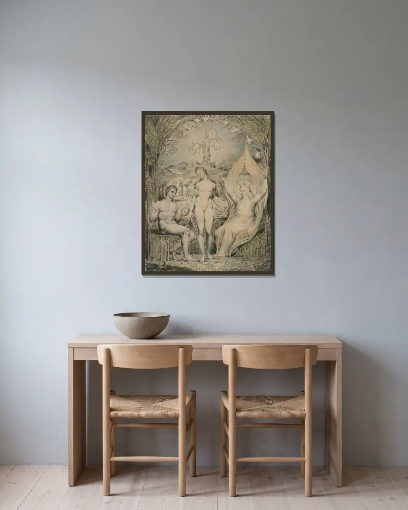 Ärkeängeln Rafael med Adam och Eva av William Blake inramad på en vägg