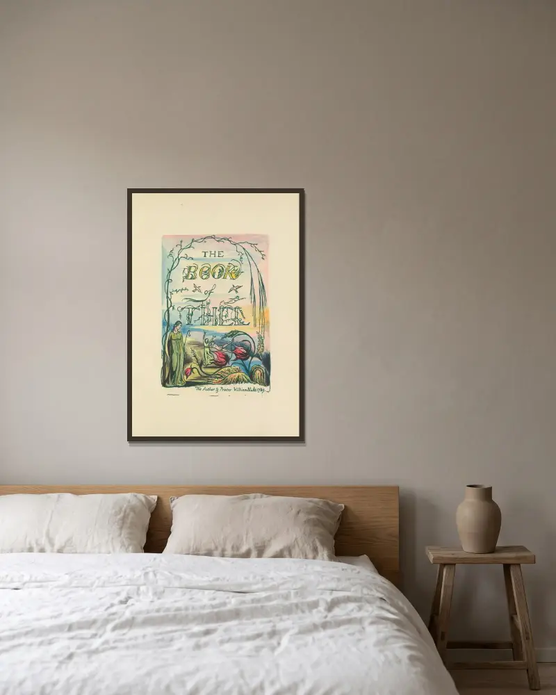 Thels bok, plansch 1 av William Blake inramad på en vägg