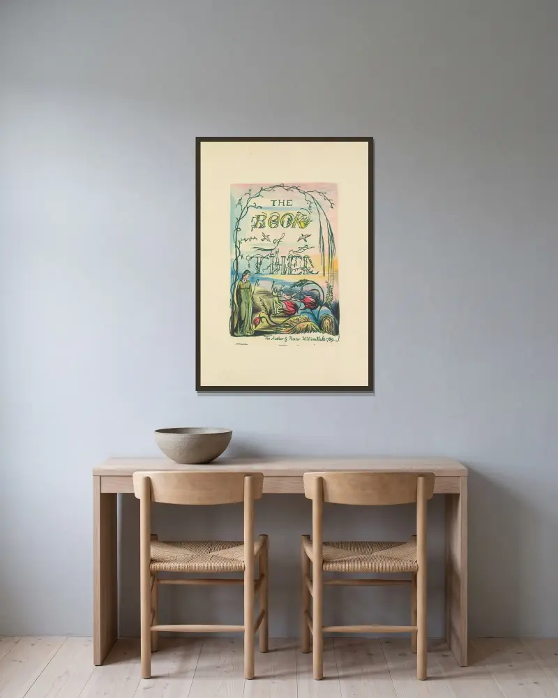 Thels bok, plansch 1 av William Blake inramad på en vägg