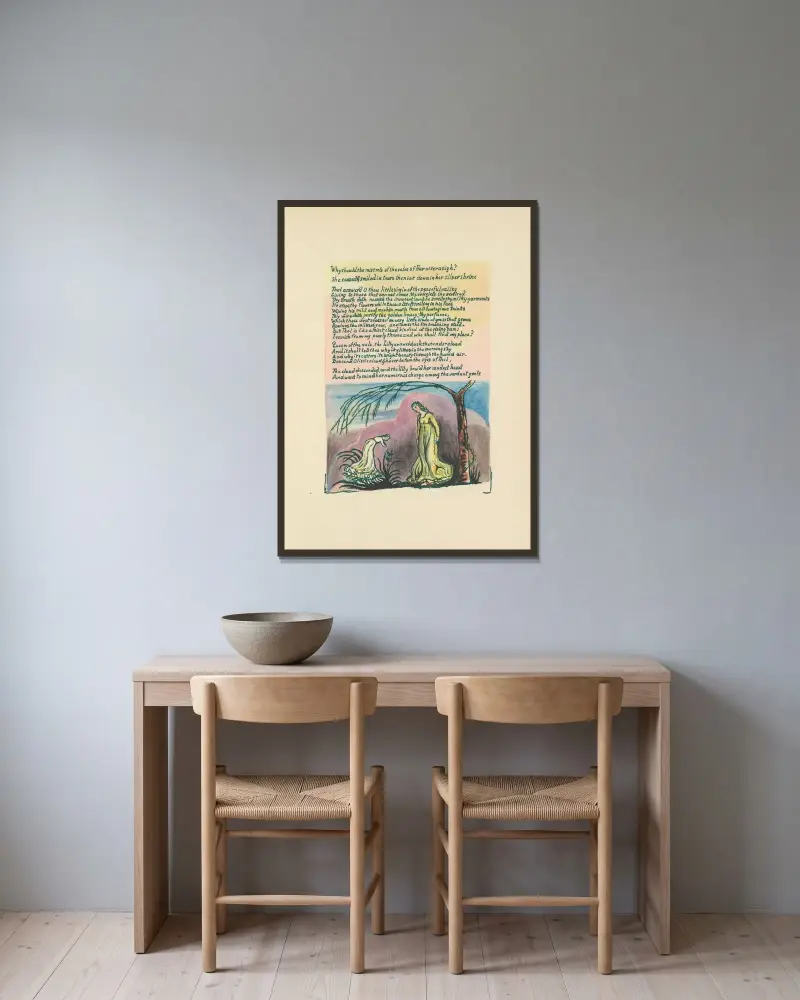 Thels bok, plansch 3 av William Blake inramad på en vägg