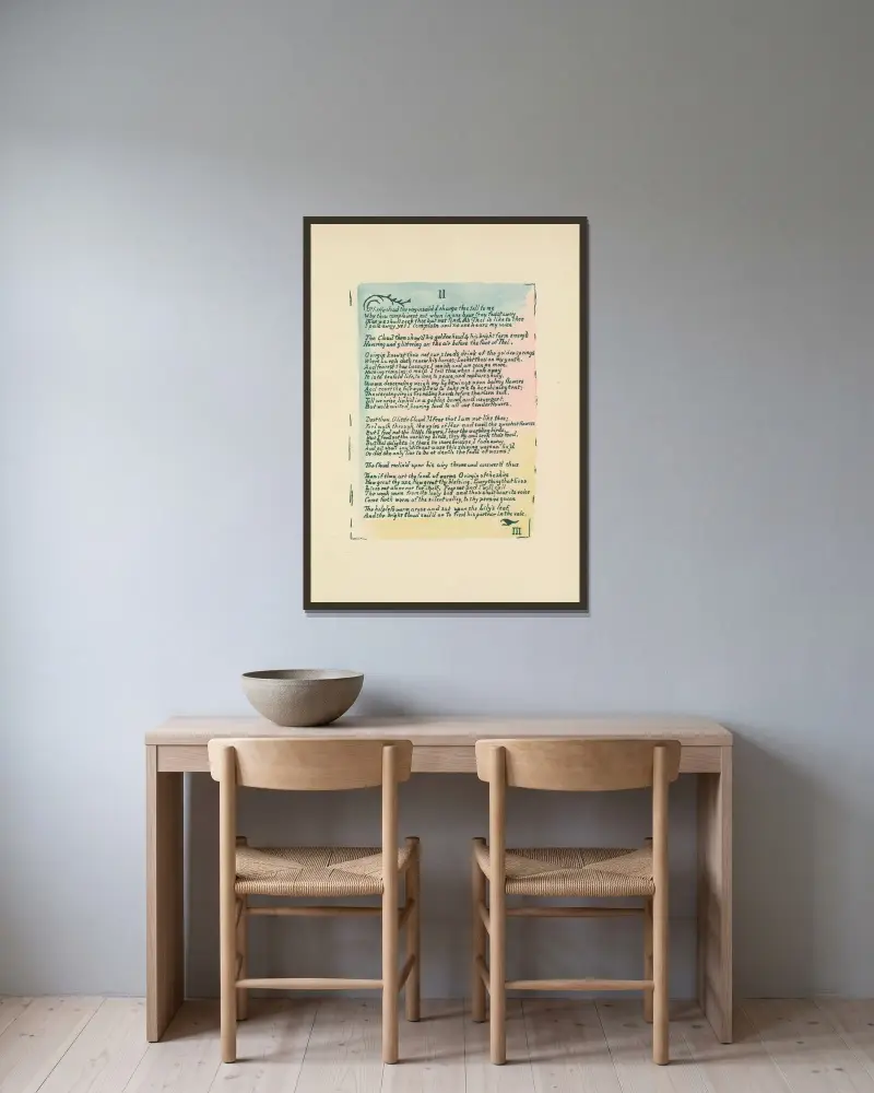Thels bok, plansch 4 av William Blake inramad på en vägg