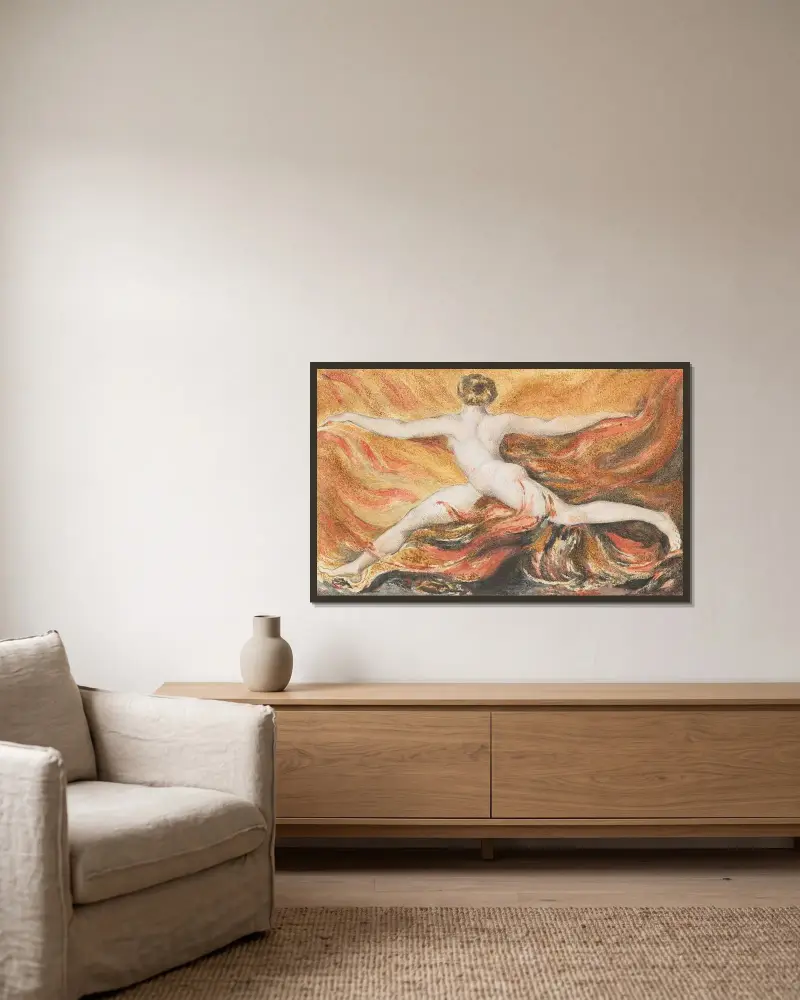 Första boken om Urizen; ”O rasande begärets lågor av William Blake inramad på en vägg