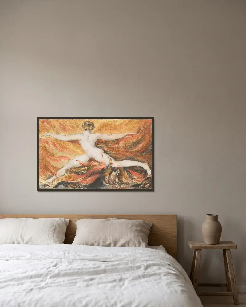 Första boken om Urizen; ”O rasande begärets lågor av William Blake inramad på en vägg