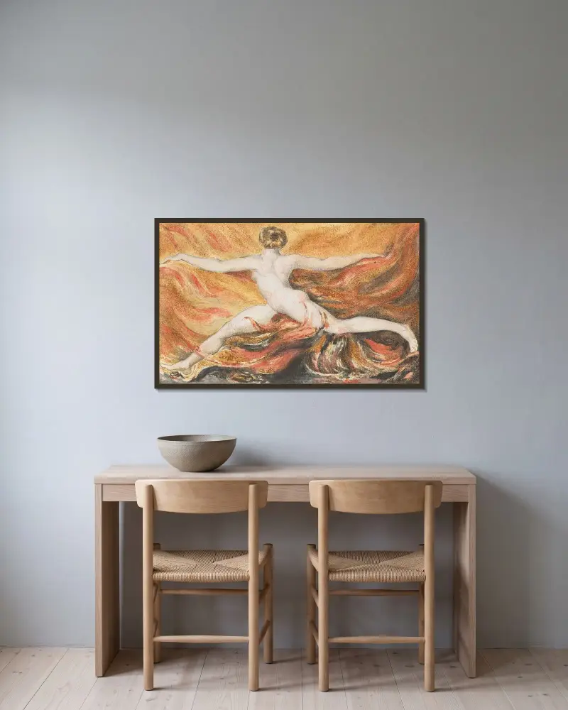 Första boken om Urizen; ”O rasande begärets lågor av William Blake inramad på en vägg