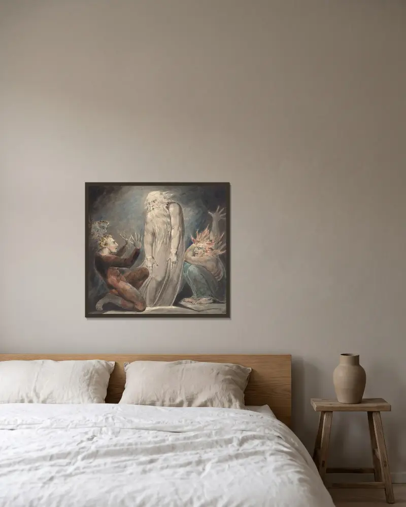 Samuels vålnad visar sig för Saul av William Blake inramad på en vägg