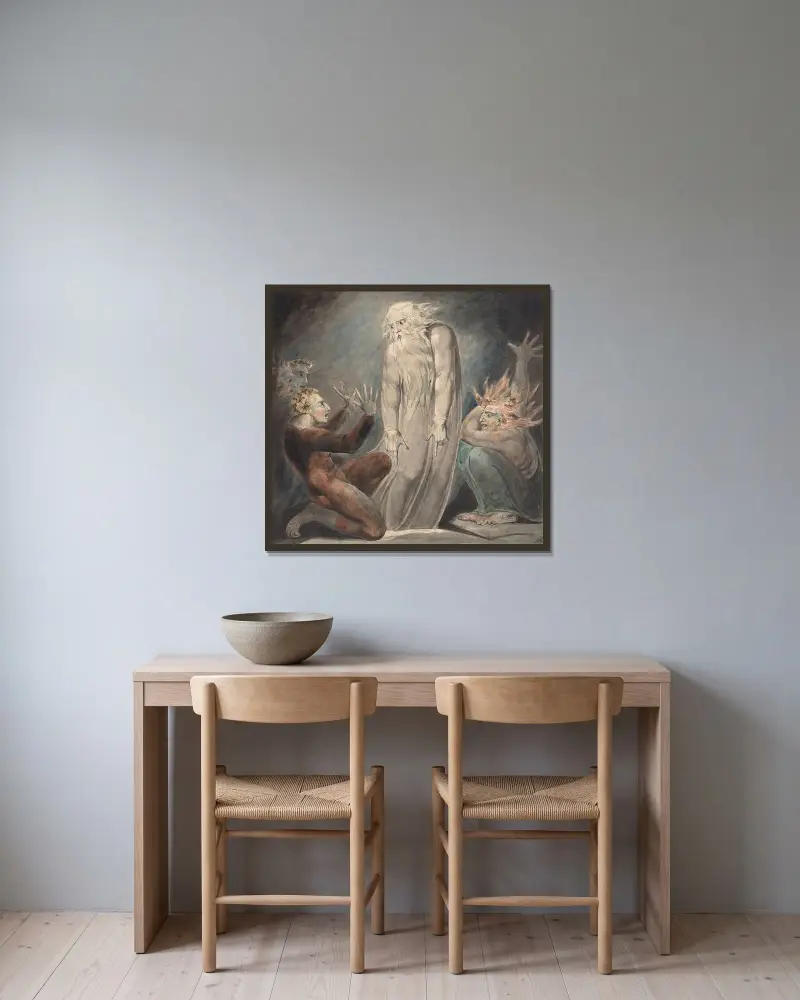 Samuels vålnad visar sig för Saul av William Blake inramad på en vägg