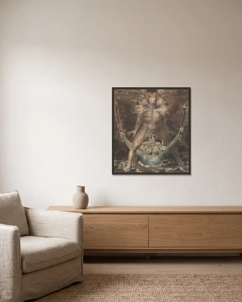 Der große rote Drache und das Tier aus dem Meer von William Blake gerahmt an einer Wand