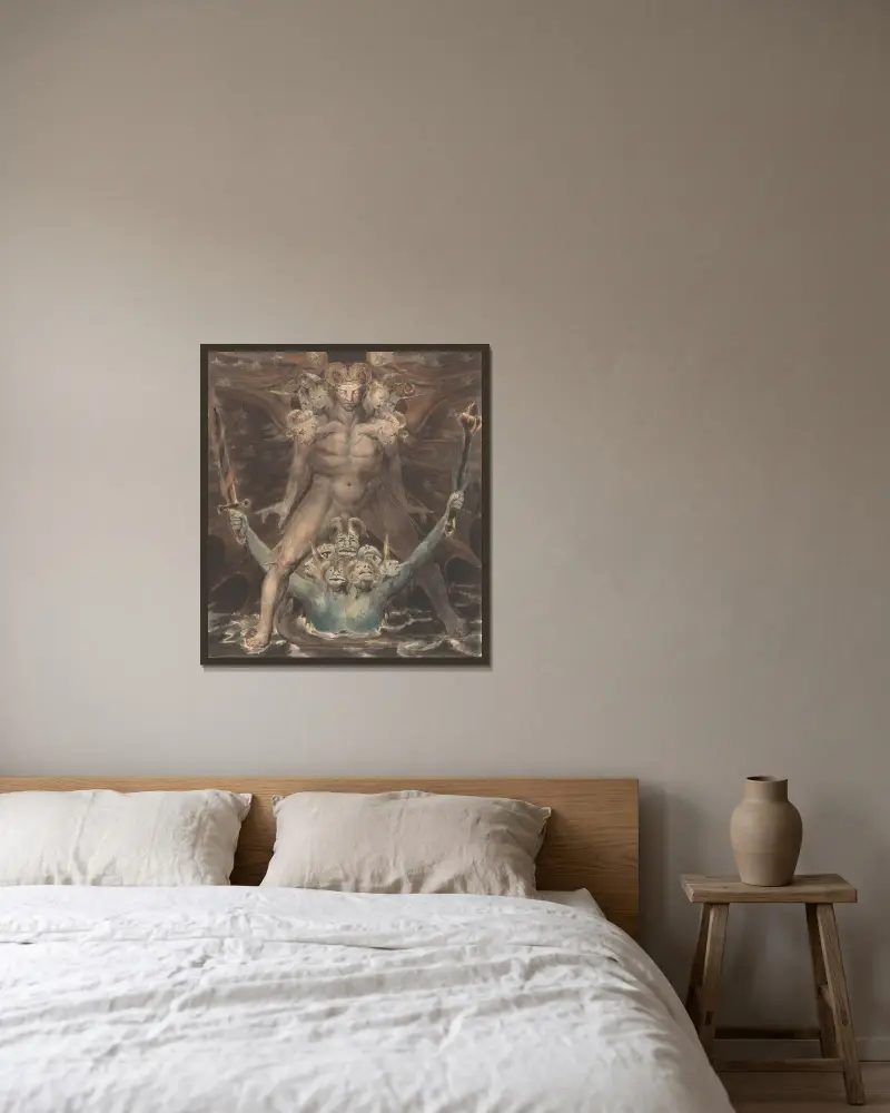 Der große rote Drache und das Tier aus dem Meer von William Blake gerahmt an einer Wand
