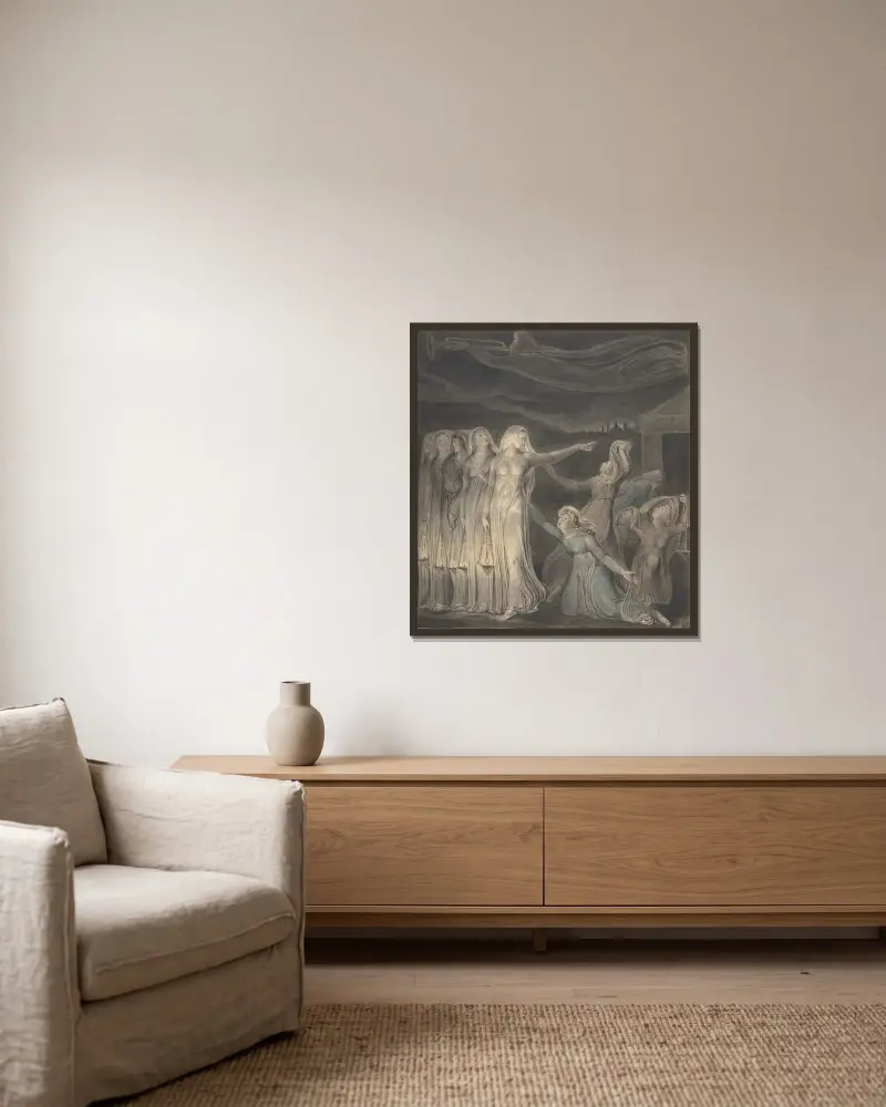 Das Gleichnis von den klugen und törichten Jungfrauen von William Blake gerahmt an einer Wand