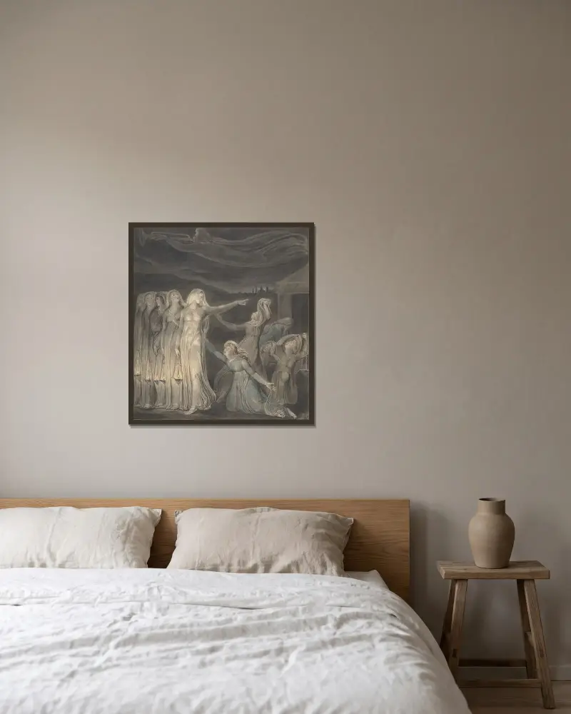 Das Gleichnis von den klugen und törichten Jungfrauen von William Blake gerahmt an einer Wand