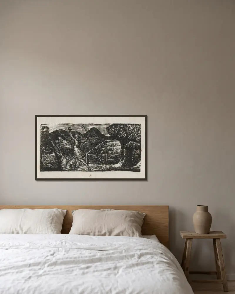Vergilius herdar, eklog I; Herden jagar bort en varg av William Blake inramad på en vägg