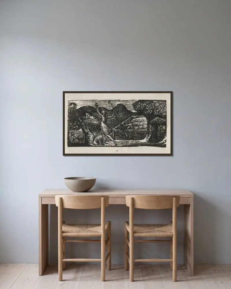 Vergilius herdar, eklog I; Herden jagar bort en varg av William Blake inramad på en vägg