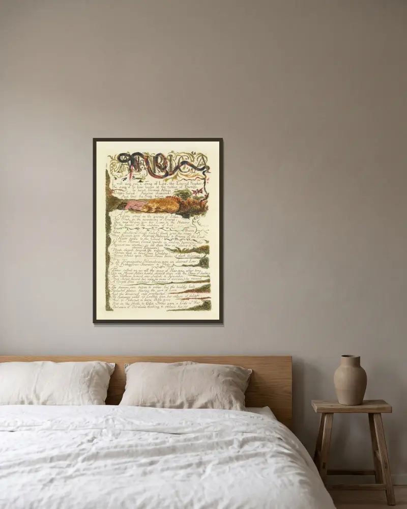 Los sång, Lambeth, plansch 3 av William Blake inramad på en vägg