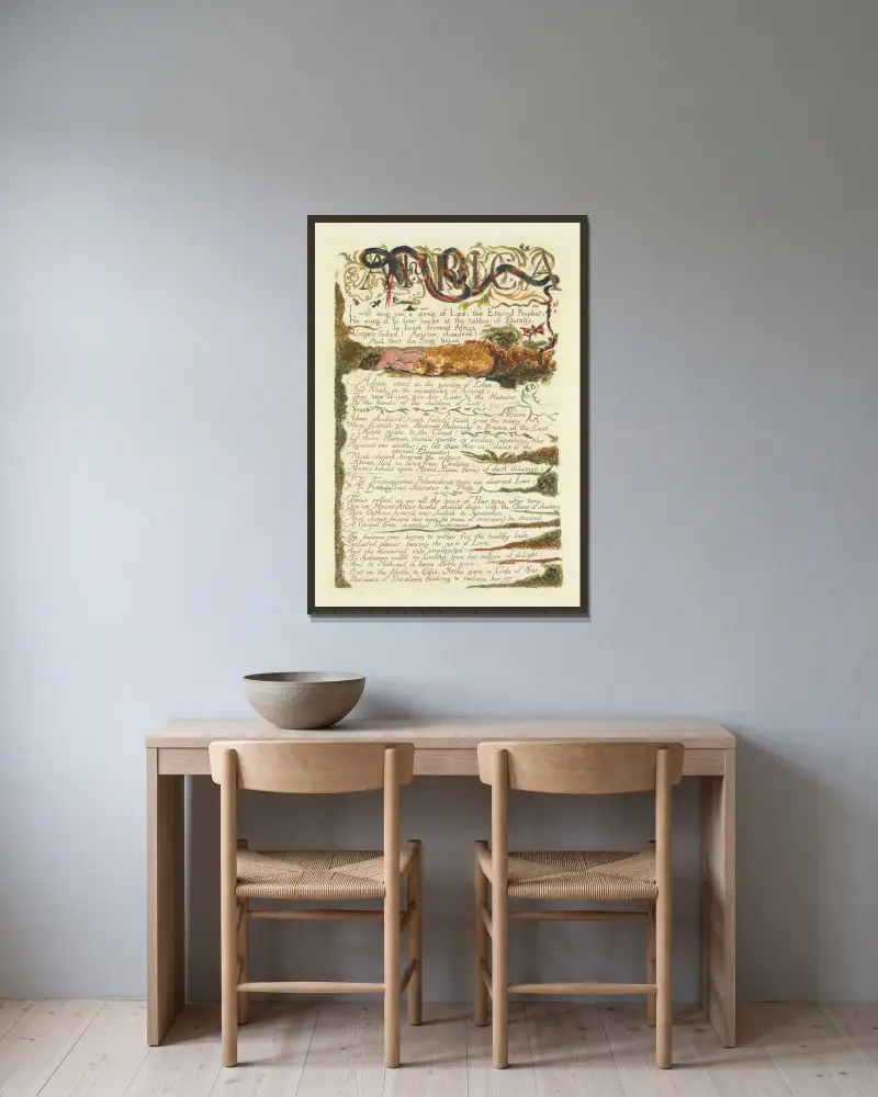 Los sång, Lambeth, plansch 3 av William Blake inramad på en vägg
